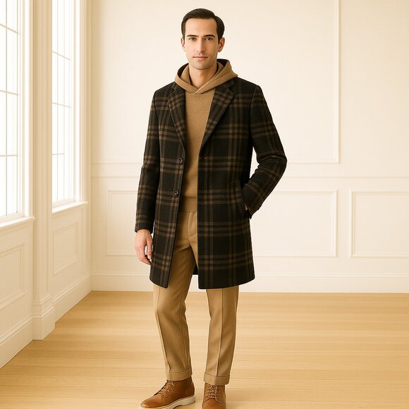 Hugo Boss Other - Hugo Boss Wool Blend Plaid Check Coat Brown Black Italian Fabric NWT 36R